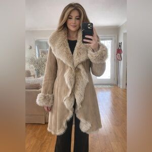 Donna Salyer Fabulous Furs Camel Faux Suede Faux Fur Trim Luxury Coat Stunning!